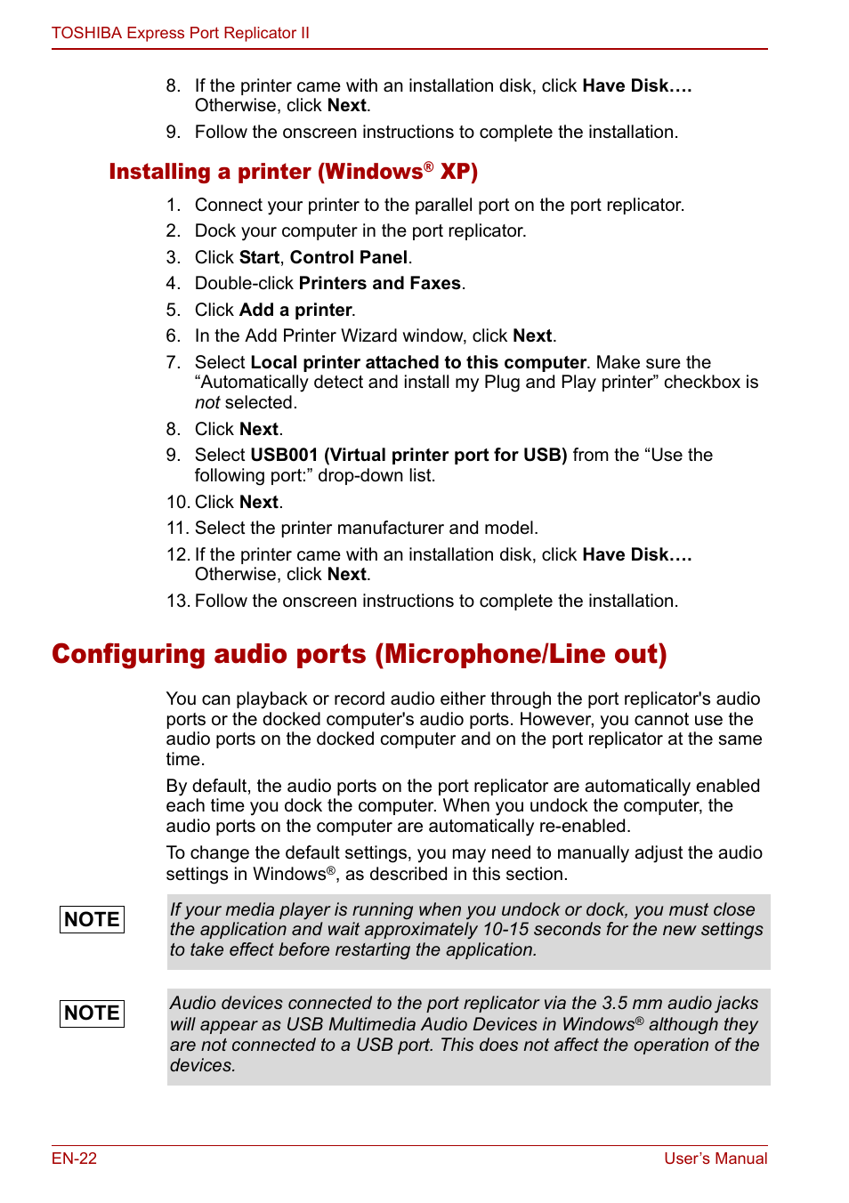 Configuring audio ports (microphone/line out), Installing a printer (windows | Toshiba Express Port Replicator II User Manual | Page 22 / 37