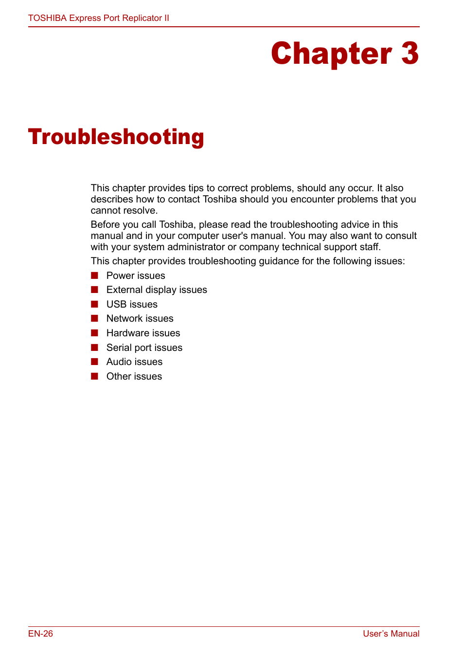Chapter 3 - troubleshooting, Chapter 3, Troubleshooting | Toshiba Express Port Replicator II User Manual | Page 26 / 37