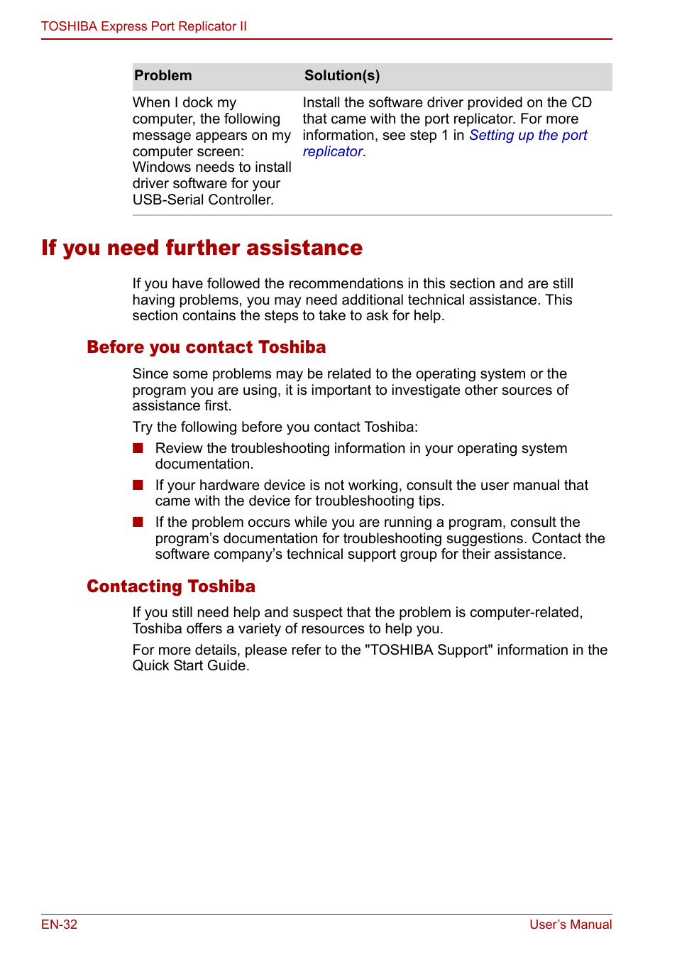 If you need further assistance, If you need further, Assistance | If you need, Further assistance, You need further assistance, Before you contact toshiba, Contacting toshiba | Toshiba Express Port Replicator II User Manual | Page 32 / 37