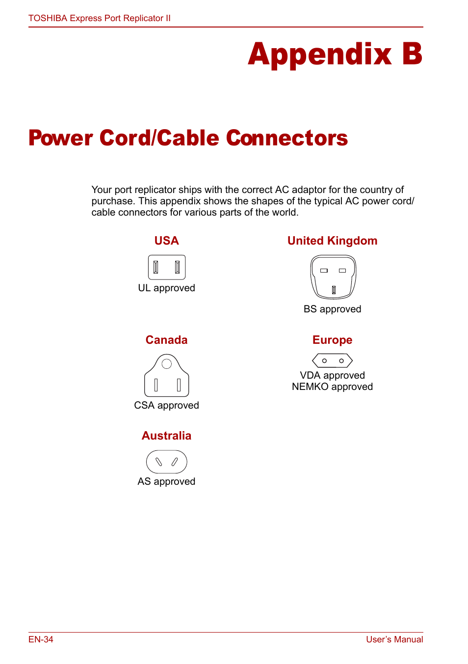 Appendix b - power cord/cable connectors, Appendix b, Power cord/cable connectors | Toshiba Express Port Replicator II User Manual | Page 34 / 37