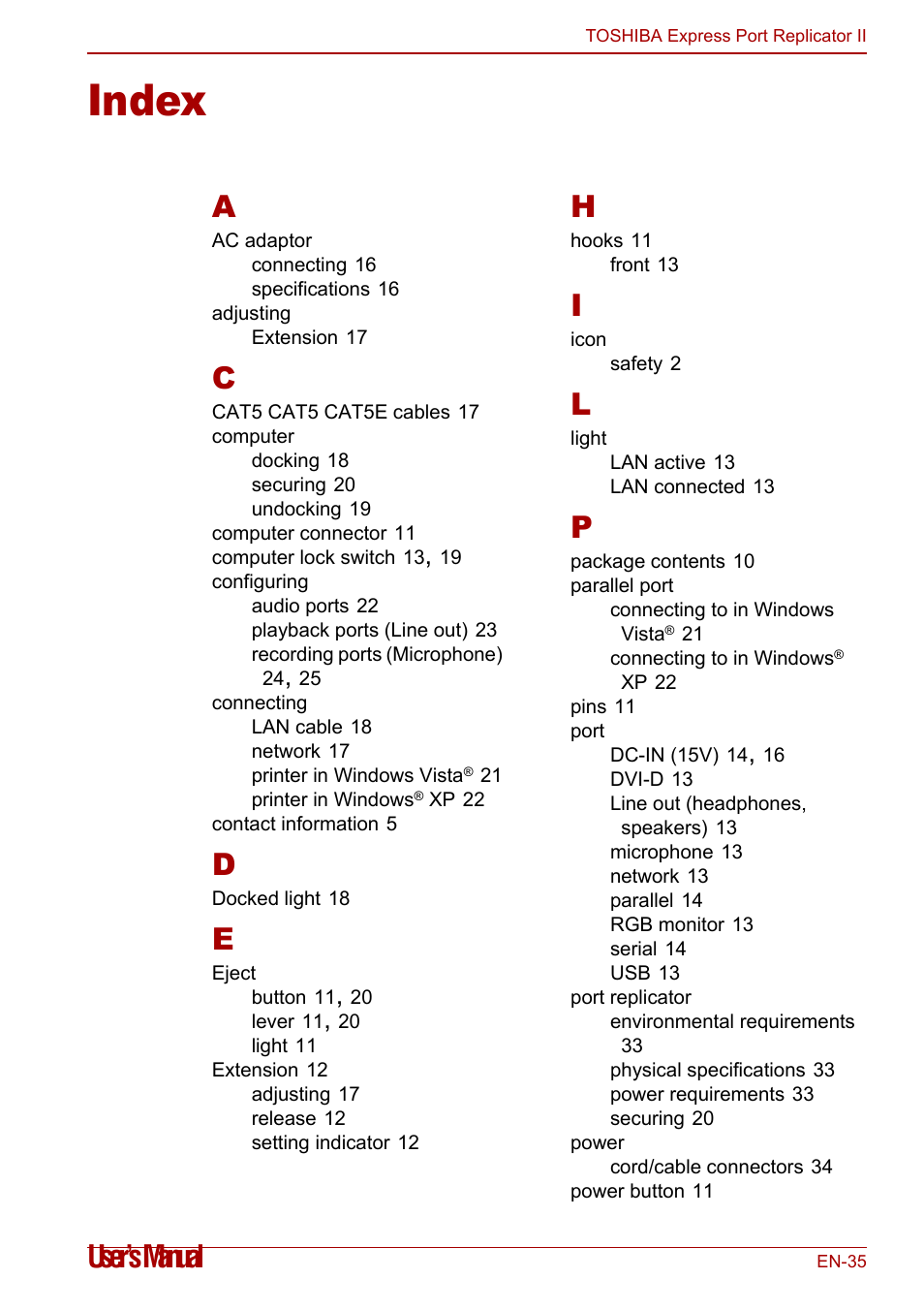 Index, User’s manual | Toshiba Express Port Replicator II User Manual | Page 35 / 37