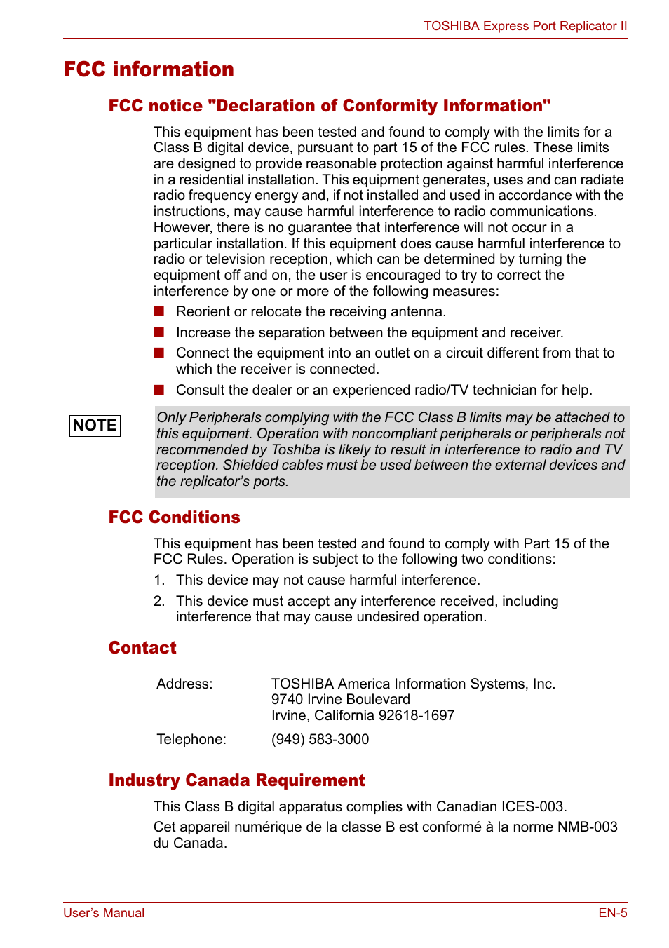 Fcc information, Fcc notice "declaration of conformity information, Fcc conditions | Contact industry canada requirement | Toshiba Express Port Replicator II User Manual | Page 5 / 37