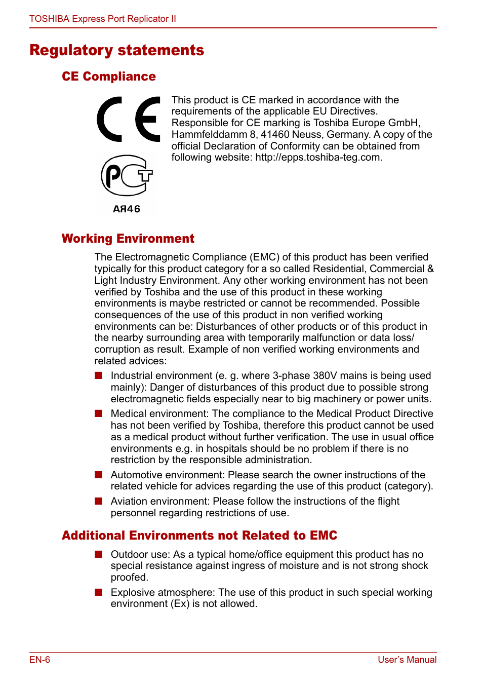 Regulatory statements, Ce compliance working environment, Additional environments not related to emc | Toshiba Express Port Replicator II User Manual | Page 6 / 37