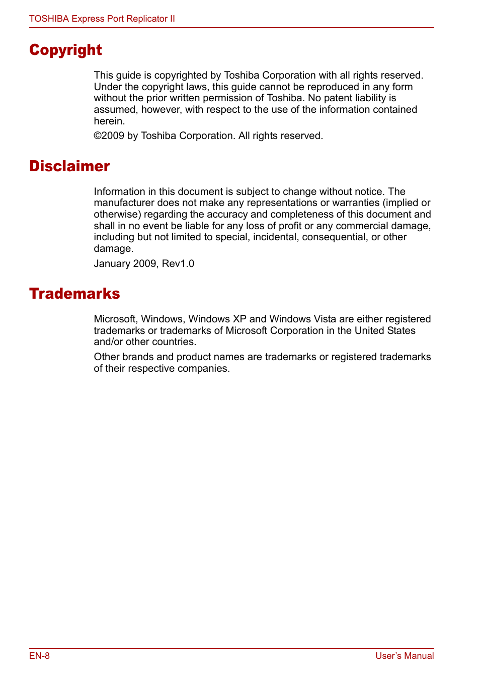 Copyright, Disclaimer, Trademarks | Toshiba Express Port Replicator II User Manual | Page 8 / 37