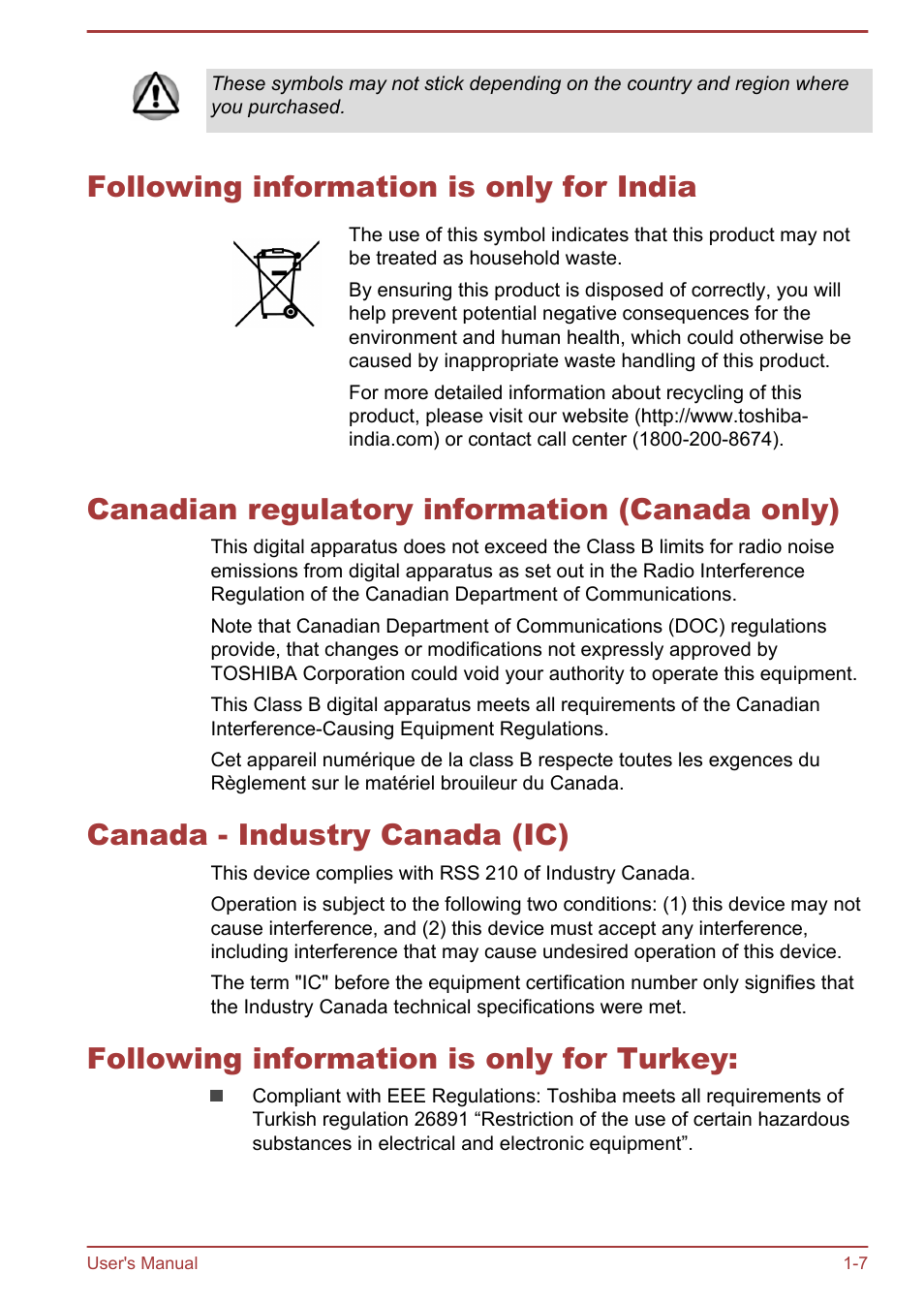 Following information is only for india, Canadian regulatory information (canada only), Canada - industry canada (ic) | Following information is only for turkey | Toshiba AT10-A User Manual | Page 11 / 94