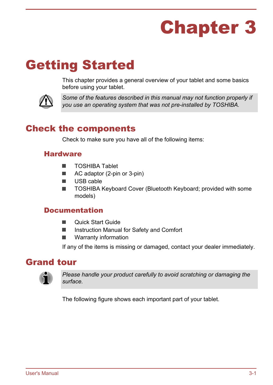Chapter 3 getting started, Check the components, Hardware | Documentation, Grand tour, Chapter 3, Getting started, Check the components -1 grand tour -1 | Toshiba AT10-A User Manual | Page 14 / 94