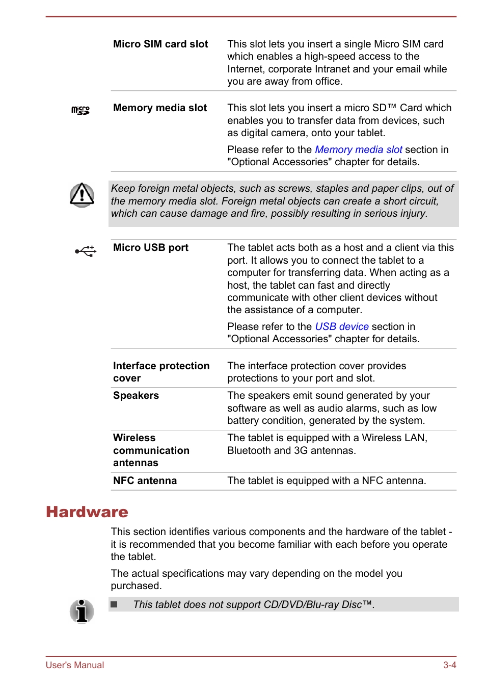 Hardware, Hardware -4 | Toshiba AT10-A User Manual | Page 17 / 94