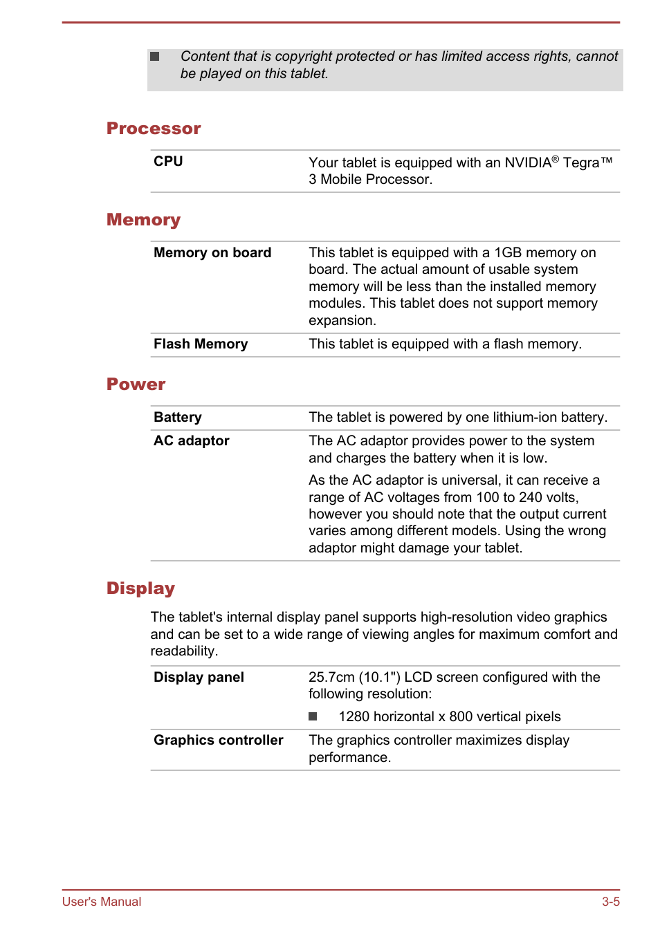 Processor, Memory, Power | Display | Toshiba AT10-A User Manual | Page 18 / 94