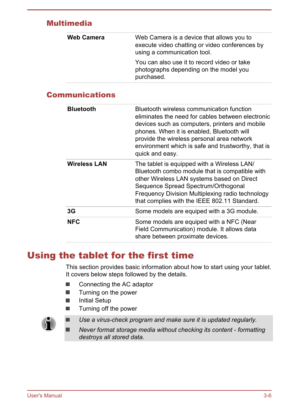 Multimedia, Communications, Using the tablet for the first time | Using the tablet for the first time -6 | Toshiba AT10-A User Manual | Page 19 / 94