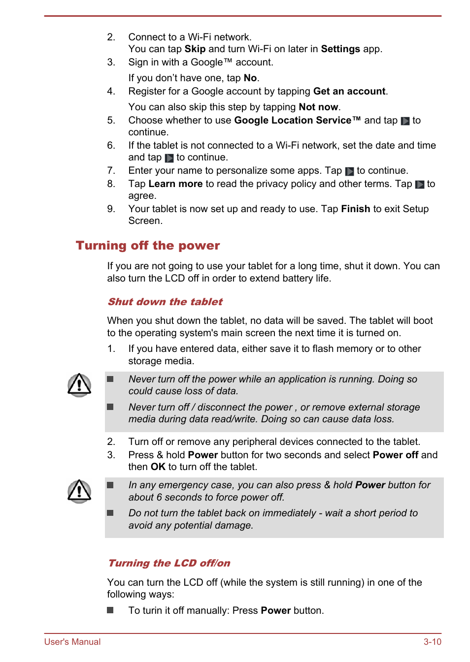 Turning off the power | Toshiba AT10-A User Manual | Page 23 / 94