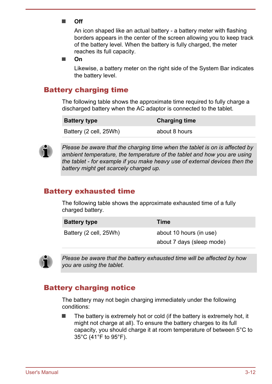 Battery charging time, Battery exhausted time, Battery charging notice | Toshiba AT10-A User Manual | Page 25 / 94