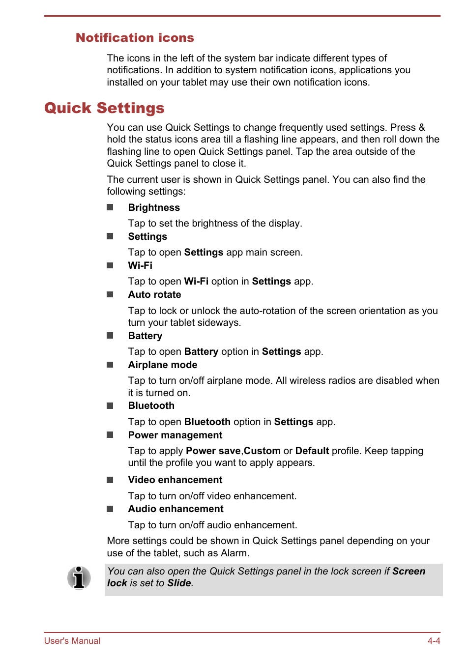 Notification icons, Quick settings, Quick settings -4 | Toshiba AT10-A User Manual | Page 30 / 94