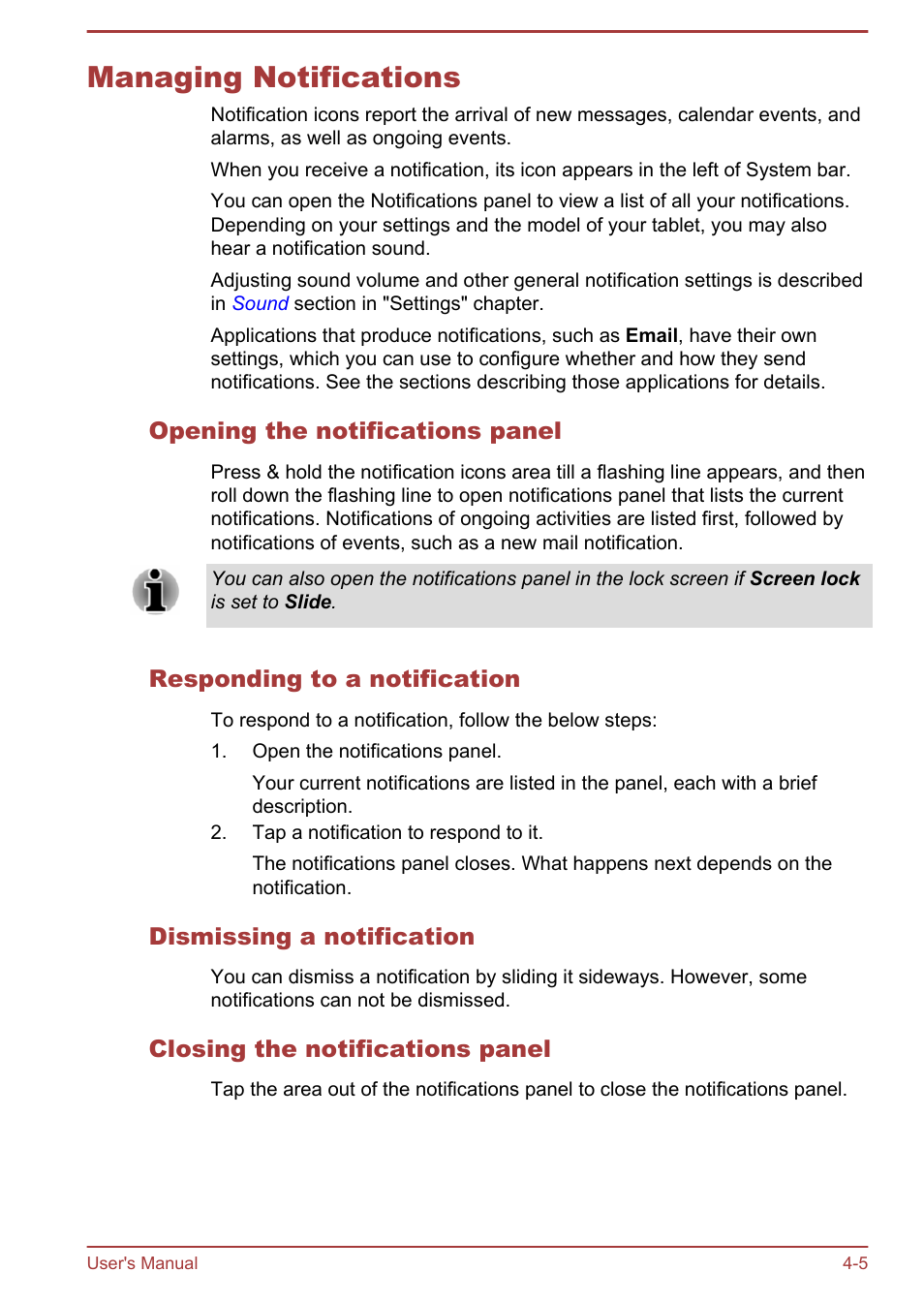 Managing notifications, Opening the notifications panel, Responding to a notification | Dismissing a notification, Closing the notifications panel, Managing notifications -5 | Toshiba AT10-A User Manual | Page 31 / 94