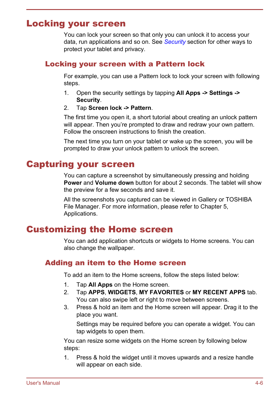 Locking your screen, Locking your screen with a pattern lock, Capturing your screen | Customizing the home screen, Adding an item to the home screen, Locking your screen -6 capturing your screen -6, Customizing the home screen -6 | Toshiba AT10-A User Manual | Page 32 / 94
