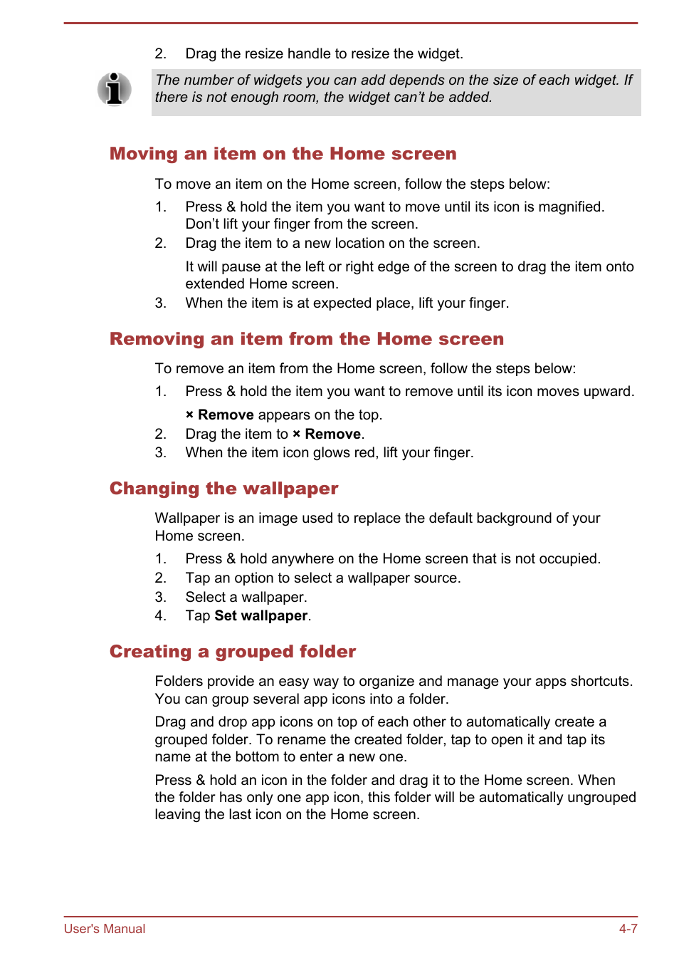 Moving an item on the home screen, Removing an item from the home screen, Changing the wallpaper | Creating a grouped folder | Toshiba AT10-A User Manual | Page 33 / 94