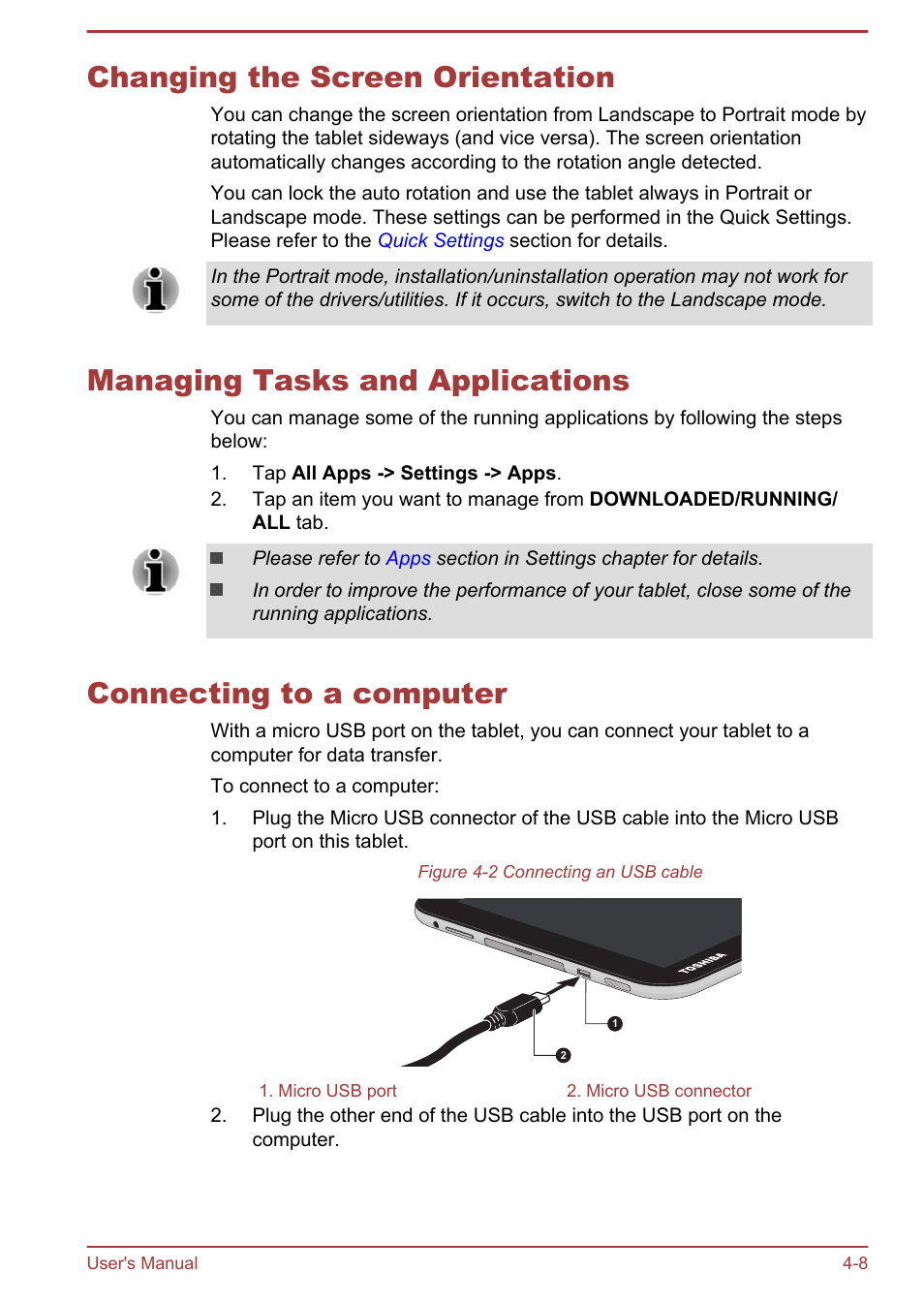 Changing the screen orientation, Managing tasks and applications, Connecting to a computer | Toshiba AT10-A User Manual | Page 34 / 94