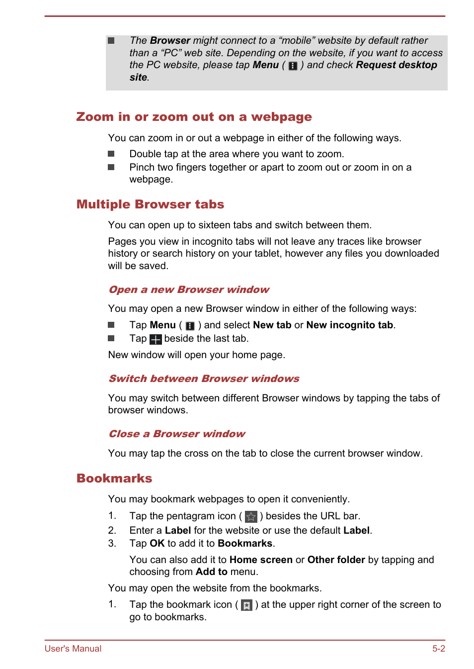 Multiple browser tabs, Bookmarks, Zoom in or zoom out on a webpage | Toshiba AT10-A User Manual | Page 37 / 94