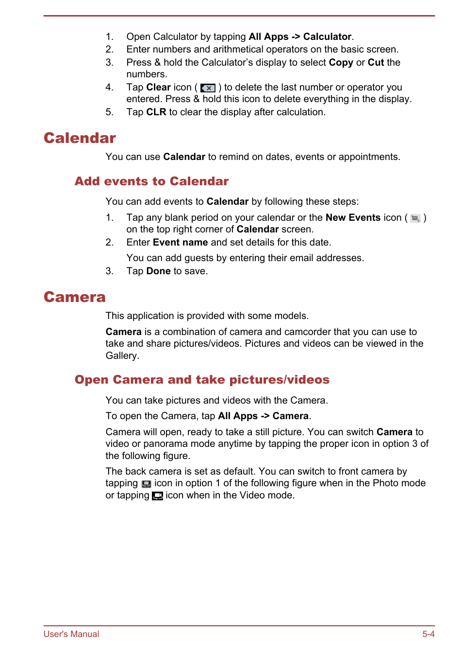 Calendar, Add events to calendar, Camera | Open camera and take pictures/videos, Calendar -4 camera -4 | Toshiba AT10-A User Manual | Page 39 / 94