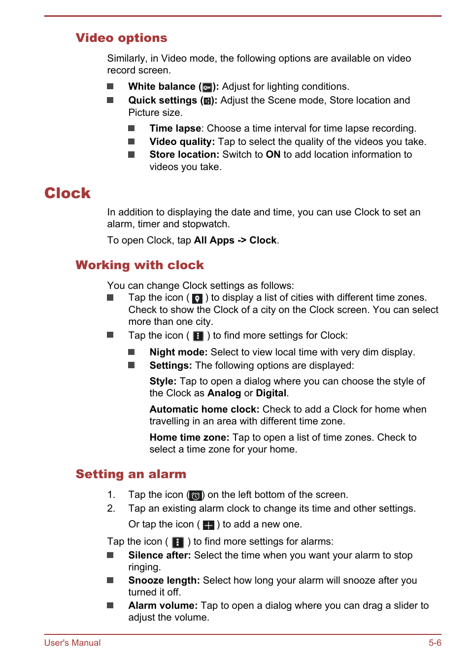 Video options, Clock, Working with clock | Setting an alarm, Clock -6 | Toshiba AT10-A User Manual | Page 41 / 94