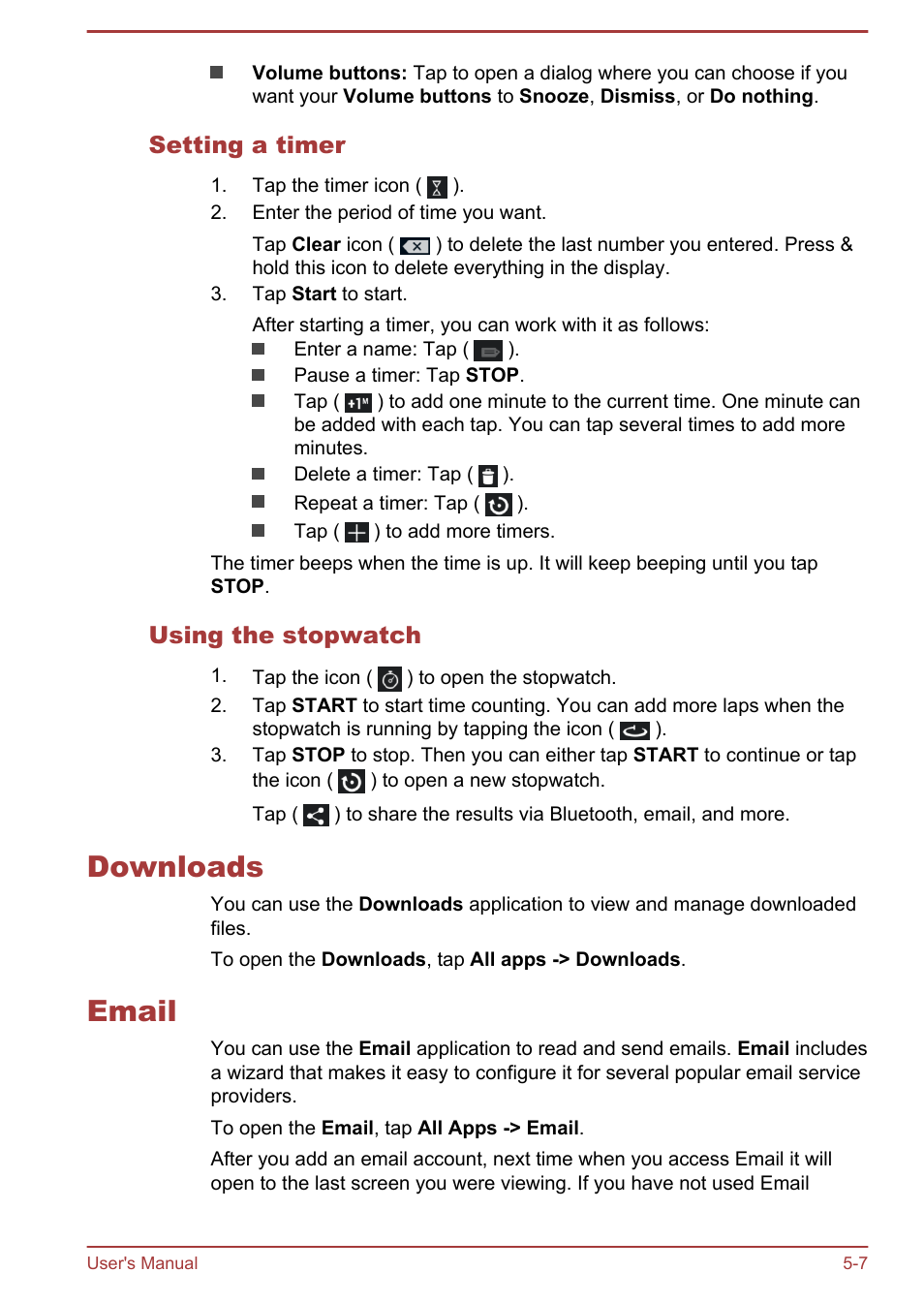 Setting a timer, Using the stopwatch, Downloads | Email, Downloads -7 email -7 | Toshiba AT10-A User Manual | Page 42 / 94