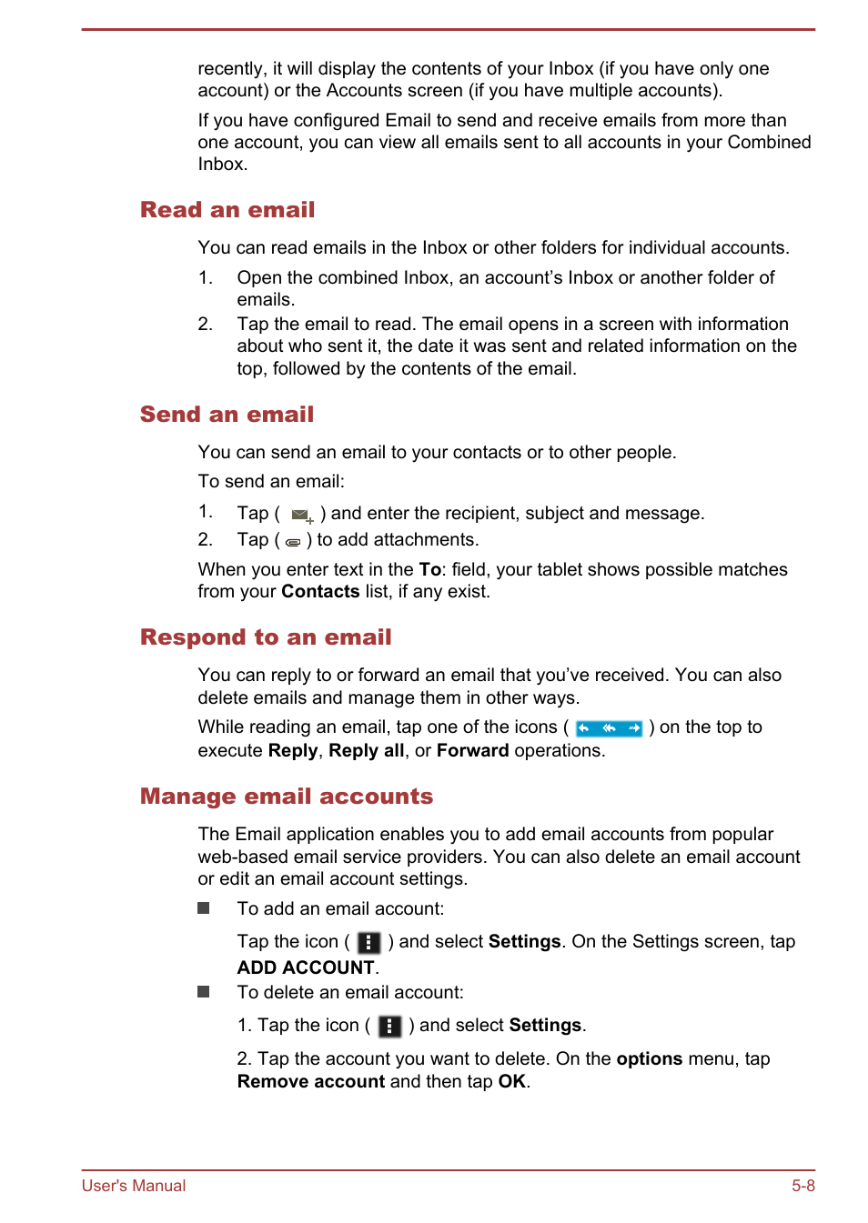 Read an email, Send an email, Respond to an email | Manage email accounts | Toshiba AT10-A User Manual | Page 43 / 94