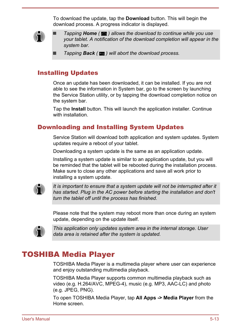 Installing updates, Downloading and installing system updates, Toshiba media player | Toshiba media player -13, Toshiba, Media player, In this chapter | Toshiba AT10-A User Manual | Page 48 / 94