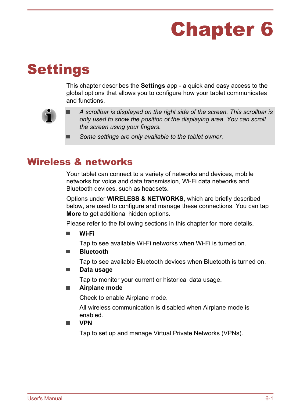 Chapter 6 settings, Wireless & networks, Chapter 6 | Settings, Wireless & networks -1 | Toshiba AT10-A User Manual | Page 53 / 94