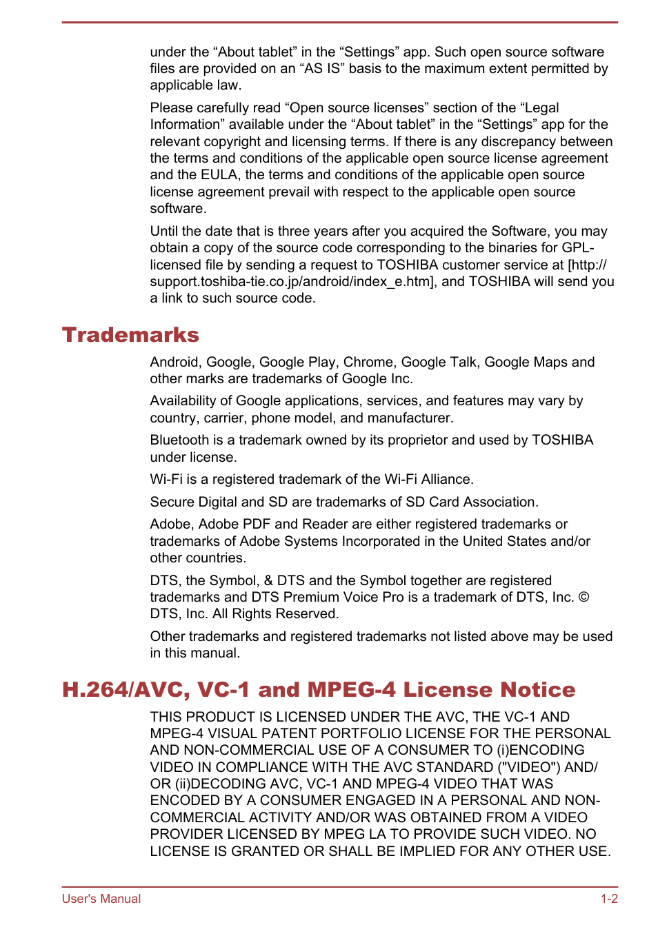 Trademarks, H.264/avc, vc-1 and mpeg-4 license notice | Toshiba AT10-A User Manual | Page 6 / 94