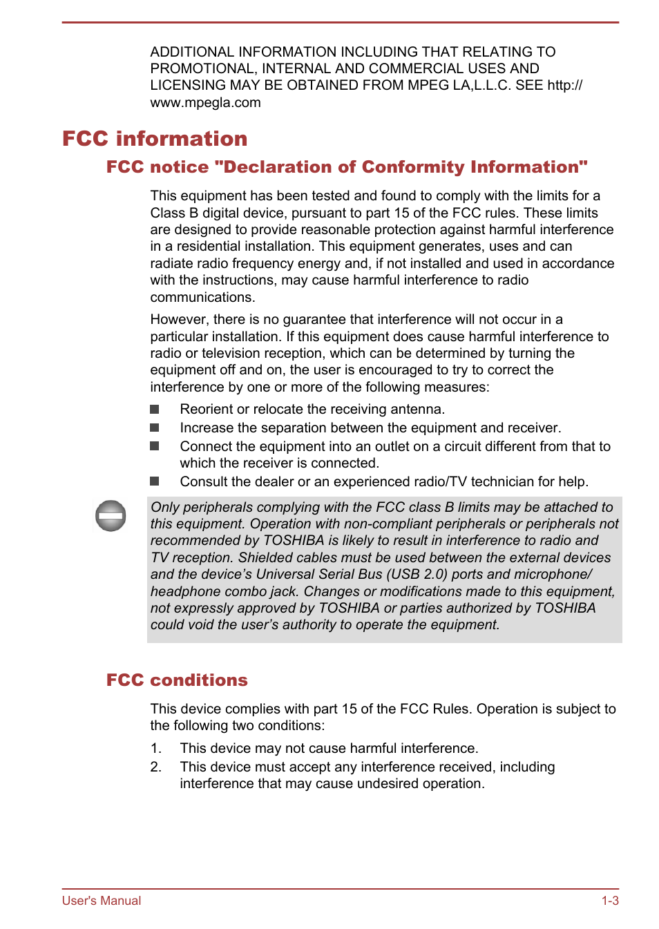 Fcc information, Fcc notice "declaration of conformity information, Fcc conditions | Fcc information -3 | Toshiba AT10-A User Manual | Page 7 / 94