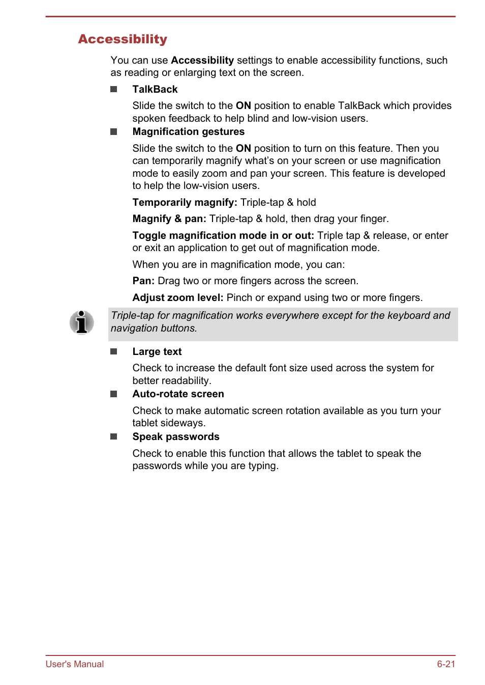 Accessibility | Toshiba AT10-A User Manual | Page 73 / 94