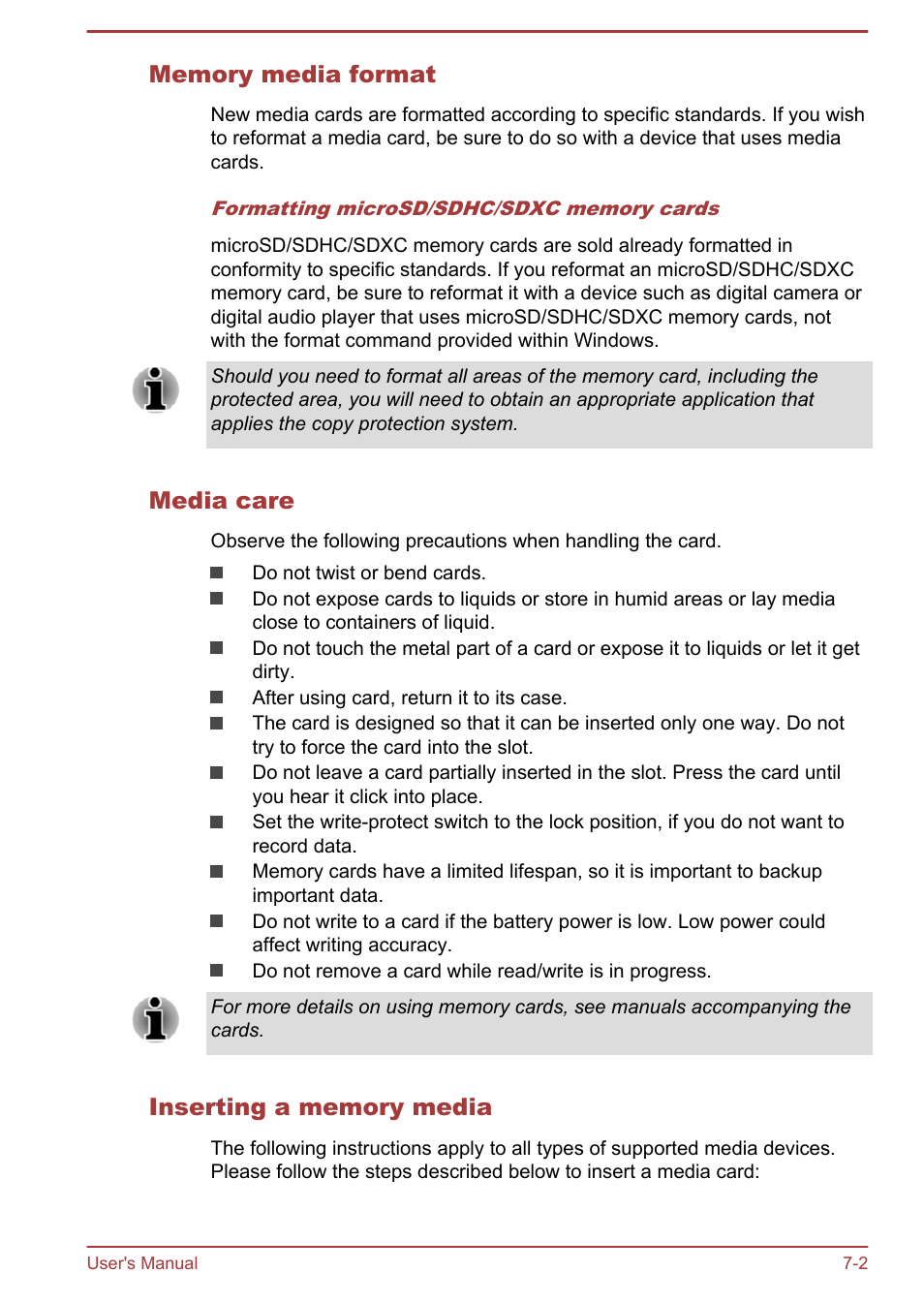 Memory media format, Media care, Inserting a memory media | Toshiba AT10-A User Manual | Page 77 / 94