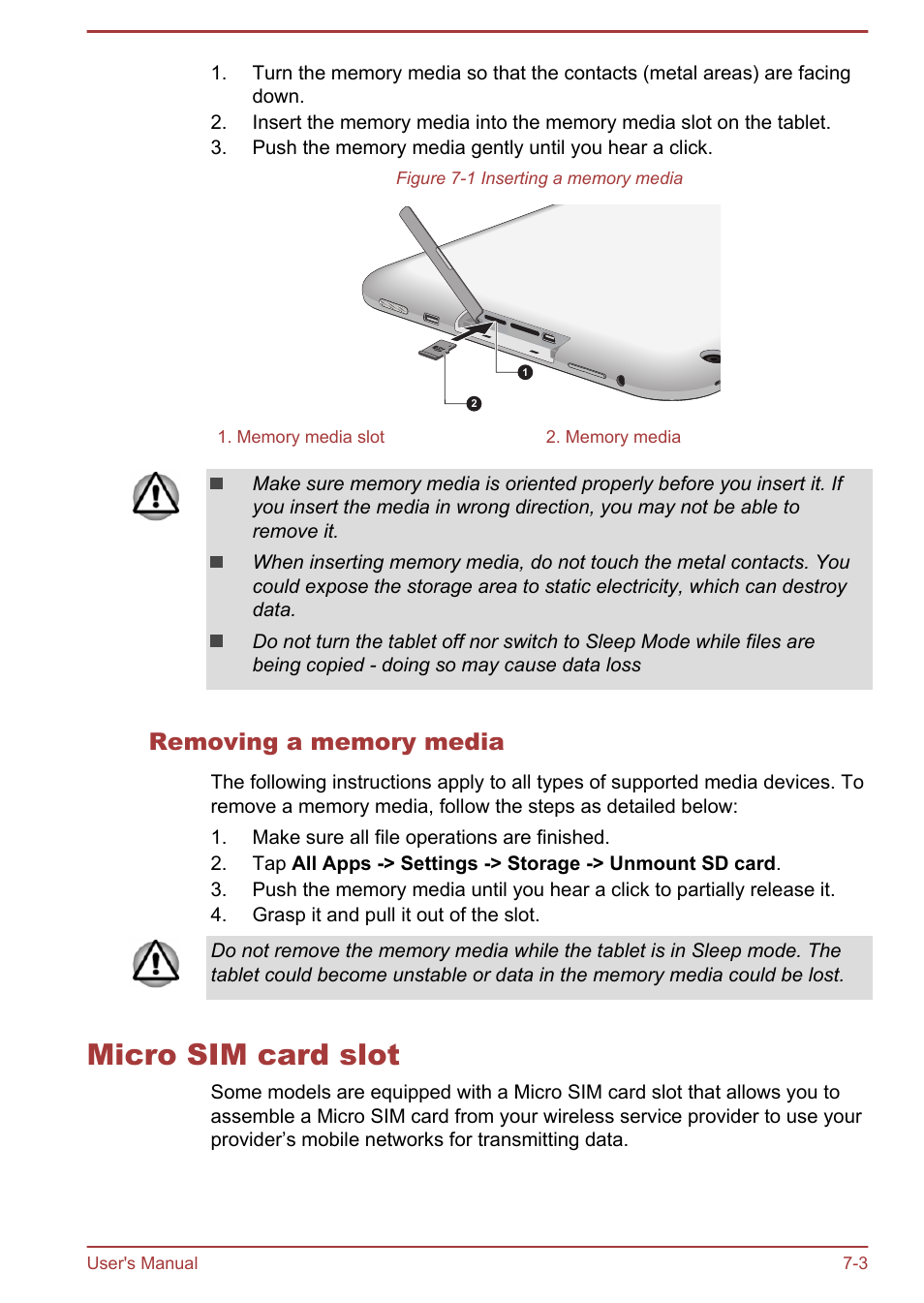 Removing a memory media, Micro sim card slot, Micro sim card slot -3 | Toshiba AT10-A User Manual | Page 78 / 94