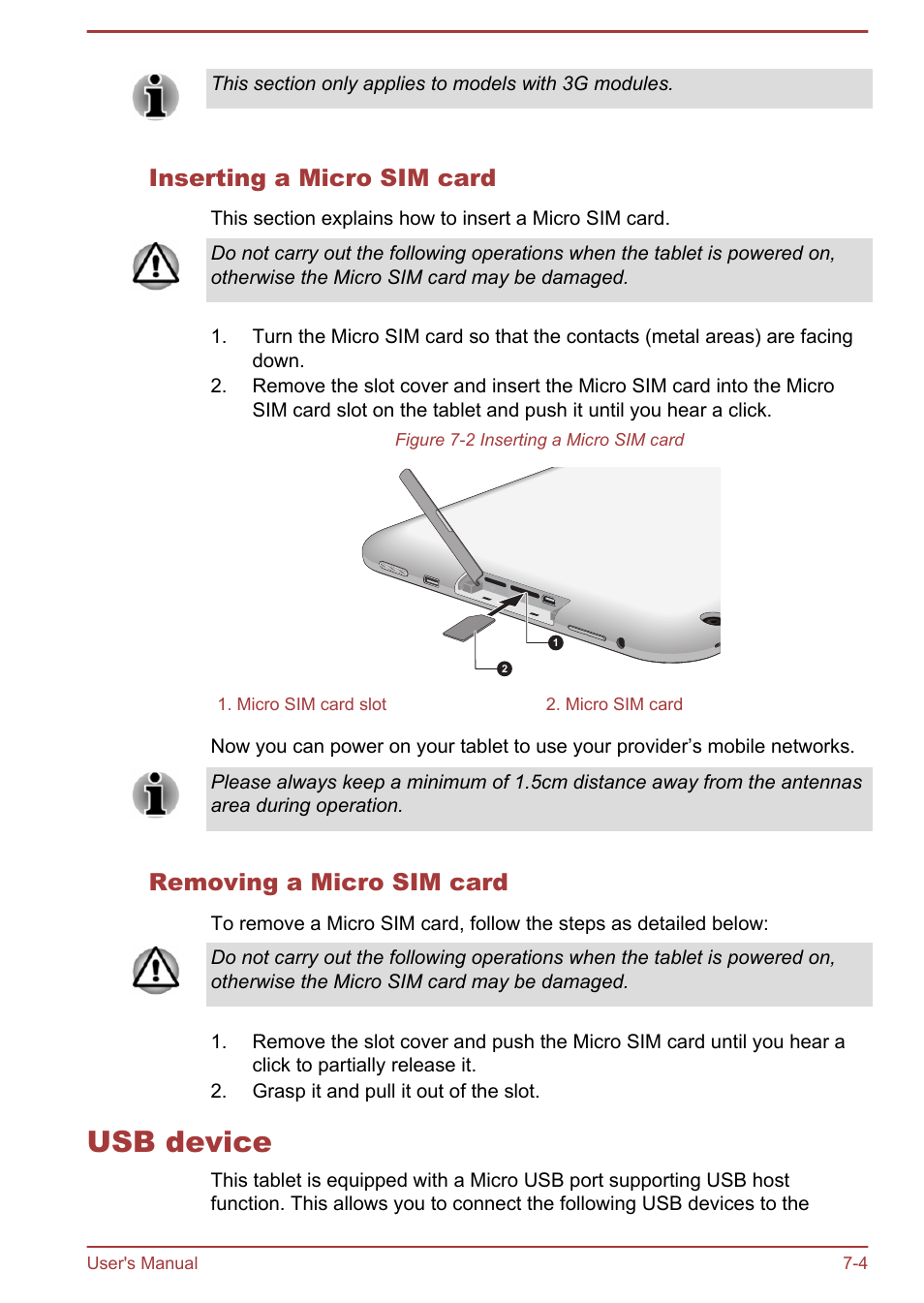 Inserting a micro sim card, Removing a micro sim card, Usb device | Usb device -4 | Toshiba AT10-A User Manual | Page 79 / 94