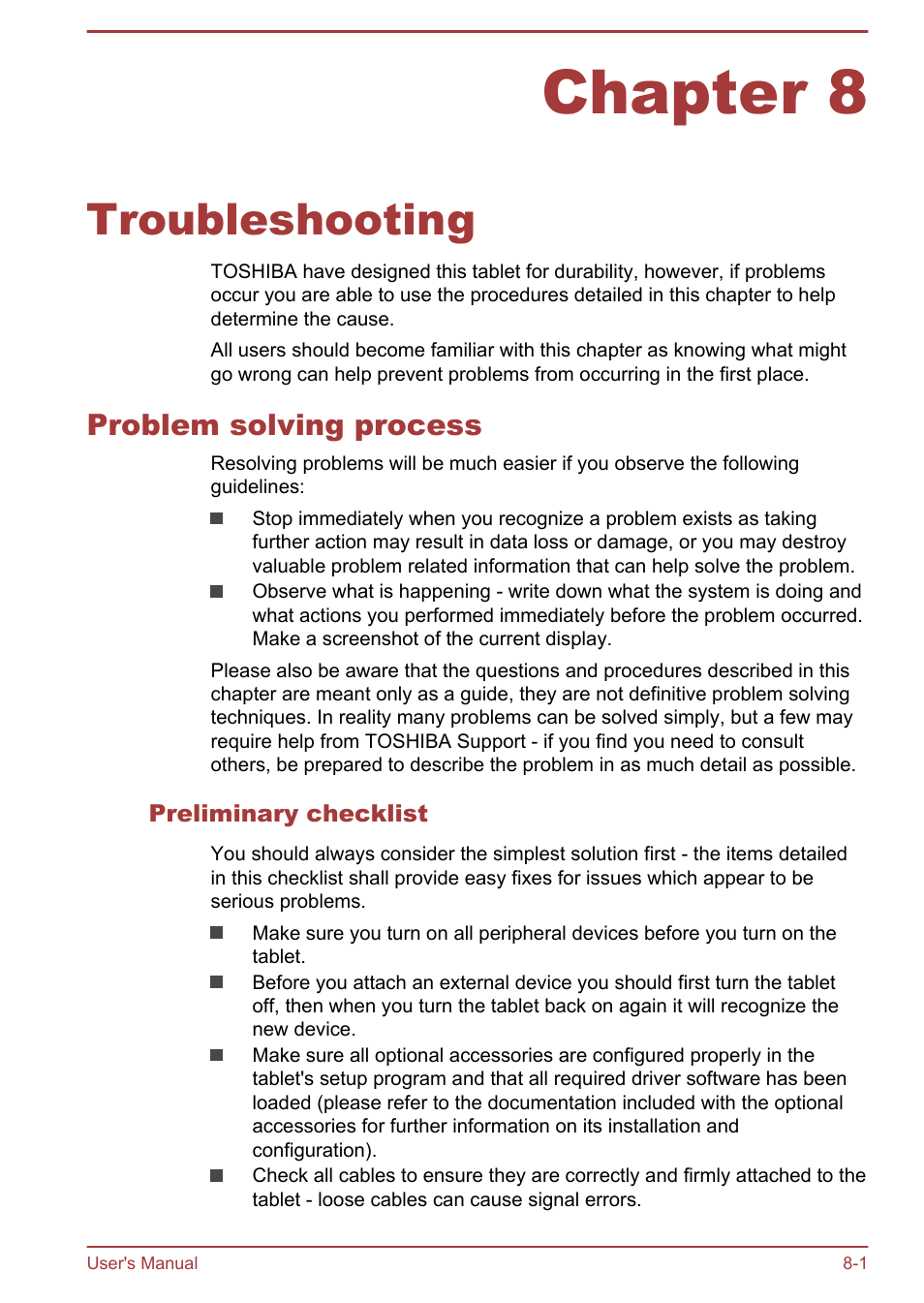 Chapter 8 troubleshooting, Problem solving process, Preliminary checklist | Chapter 8, Troubleshooting, Problem solving process -1 | Toshiba AT10-A User Manual | Page 82 / 94