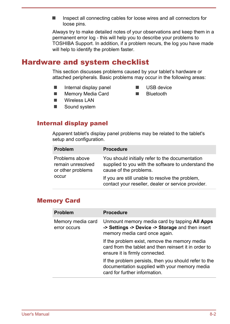 Hardware and system checklist, Internal display panel, Memory card | Hardware and system checklist -2 | Toshiba AT10-A User Manual | Page 83 / 94