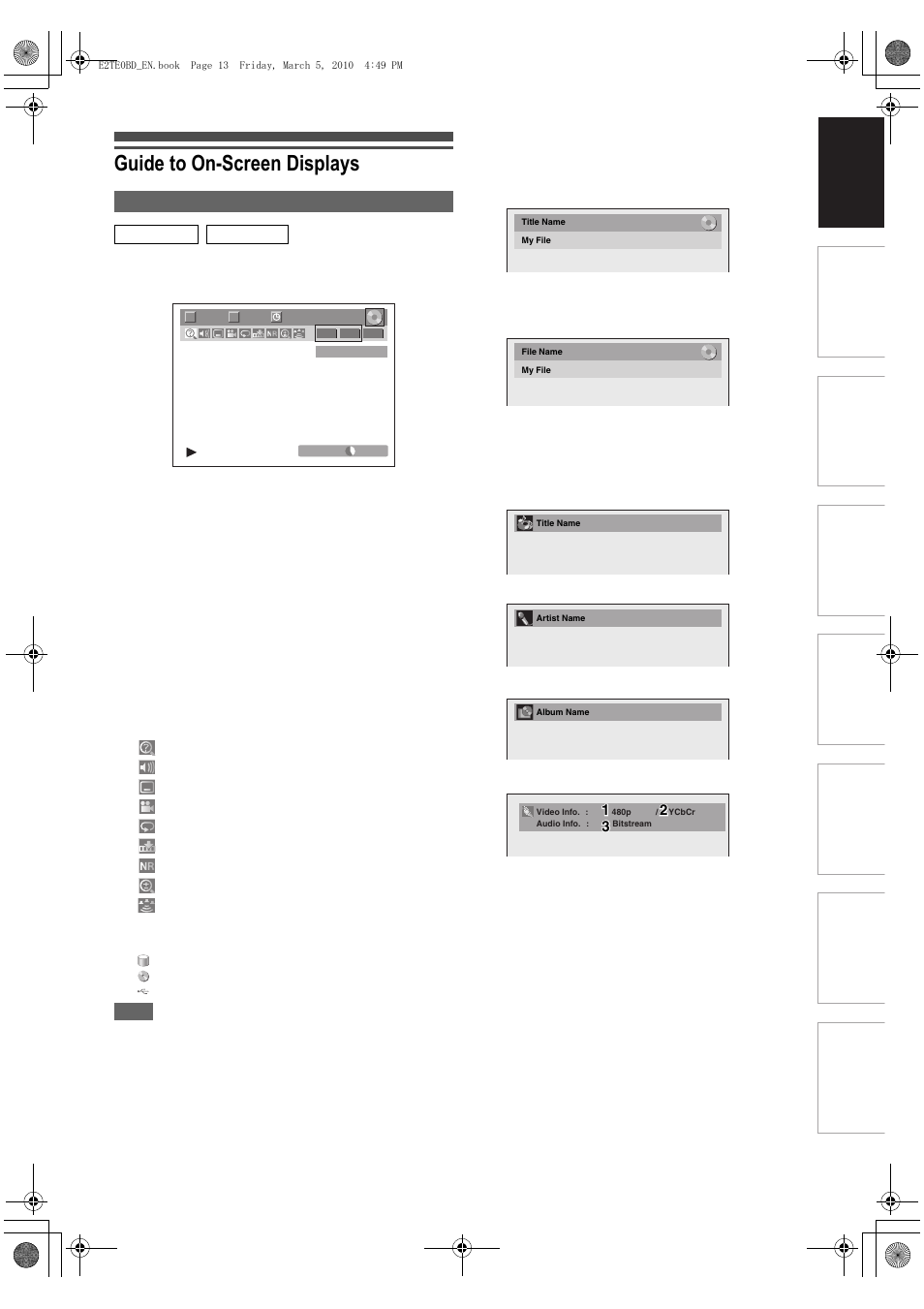 Guide to on-screen displays, Display menu | Toshiba RD100 User Manual | Page 13 / 80