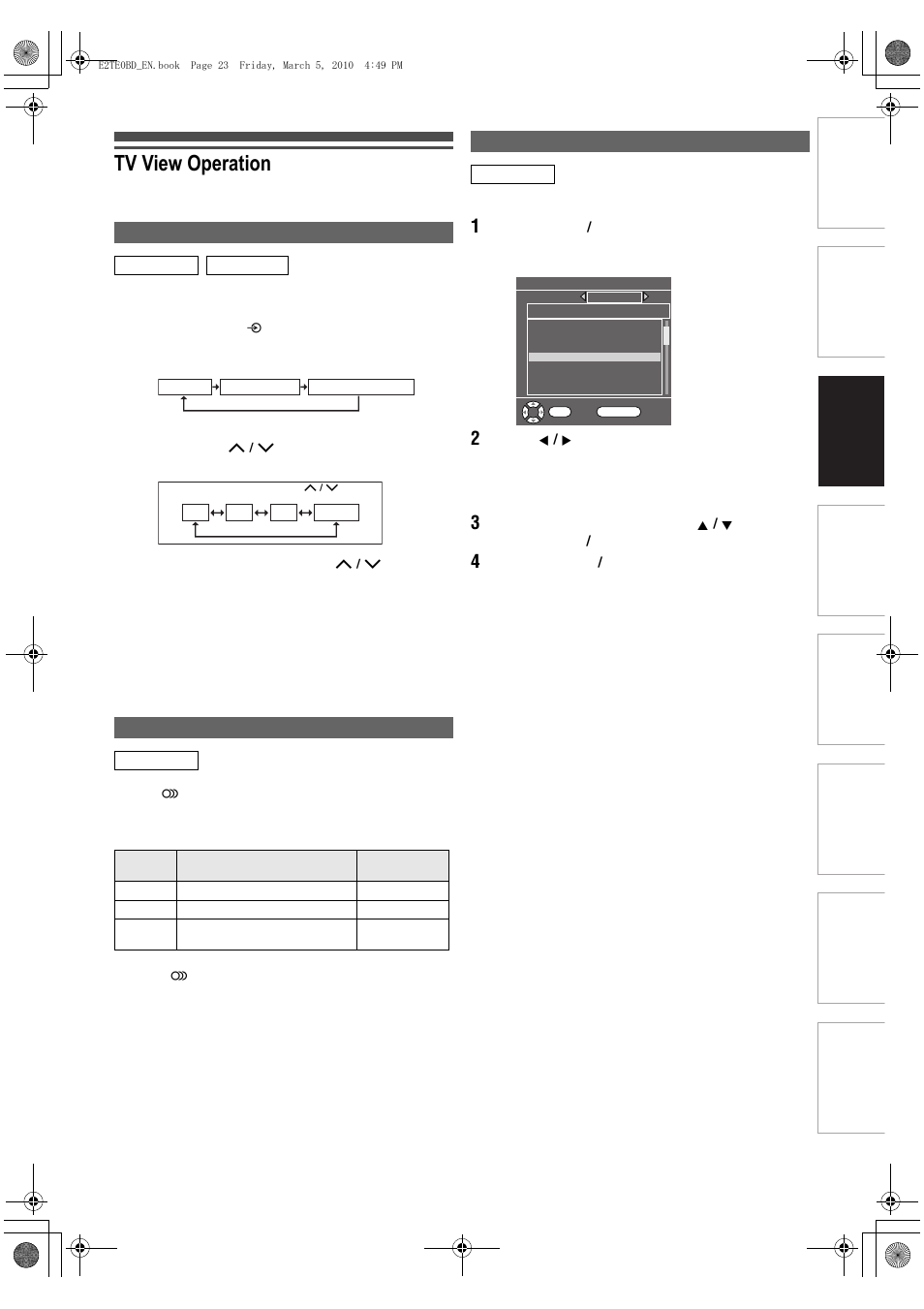 Tv view operation, Select a channel, Selecting the audio mode | Quick select | Toshiba RD100 User Manual | Page 23 / 80