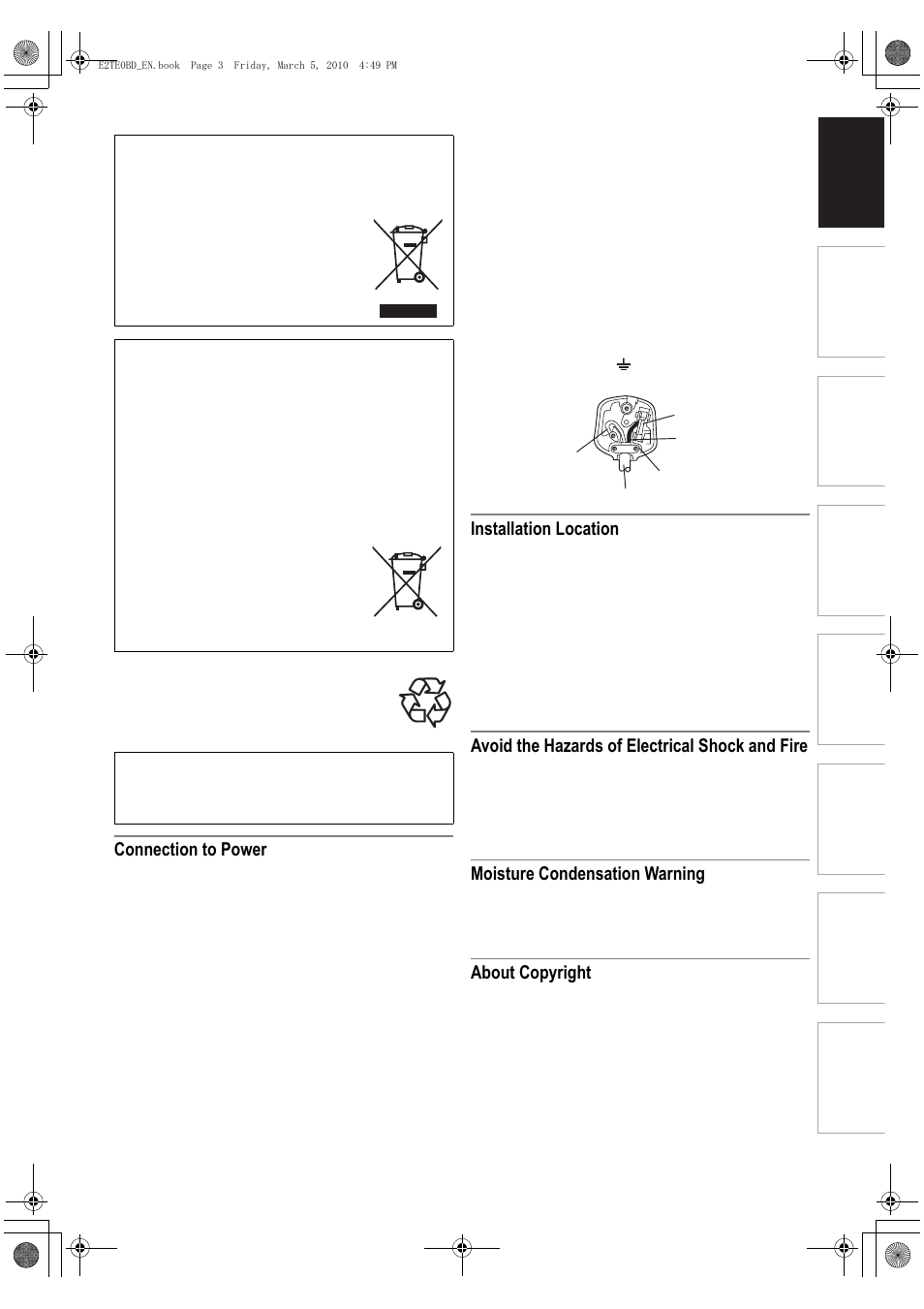 Connection to power, Installation location, Avoid the hazards of electrical shock and fire | Moisture condensation warning, About copyright | Toshiba RD100 User Manual | Page 3 / 80