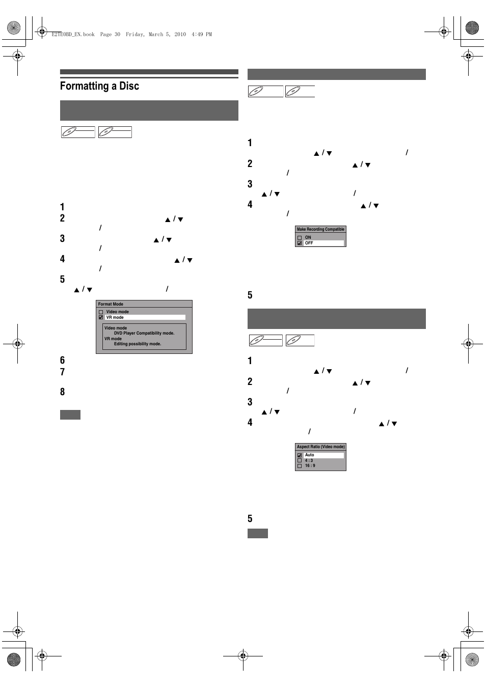 Formatting a disc | Toshiba RD100 User Manual | Page 30 / 80