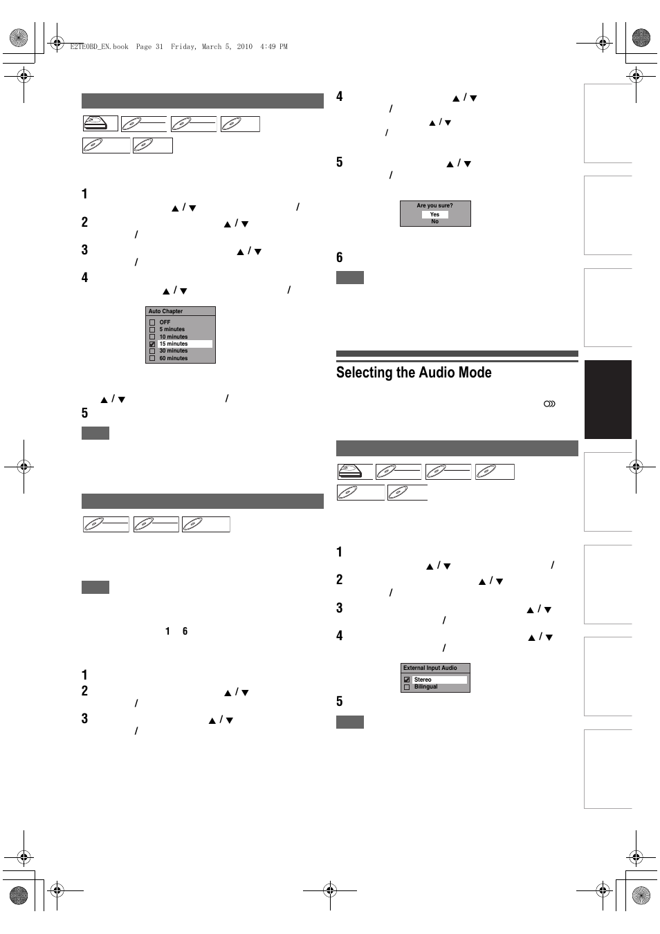 Selecting the audio mode, Setting auto chapter reformatting a disc manually, Setting external input audio | Toshiba RD100 User Manual | Page 31 / 80