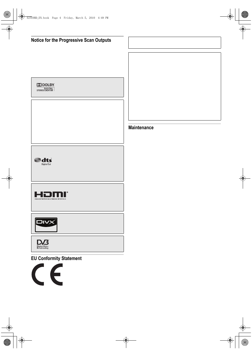 Notice for the progressive scan outputs, Eu conformity statement, Maintenance | Toshiba RD100 User Manual | Page 4 / 80