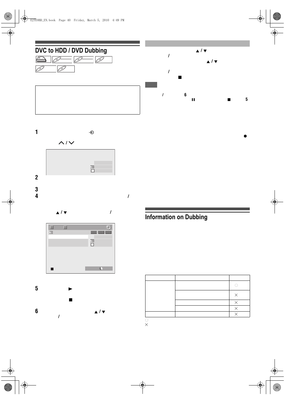 Dvc to hdd / dvd dubbing, Information on dubbing | Toshiba RD100 User Manual | Page 40 / 80