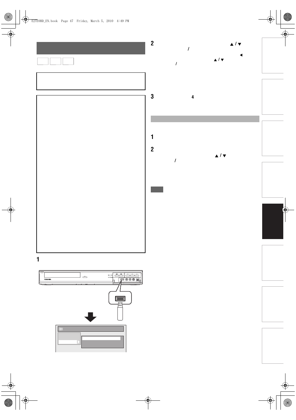 Playing back a usb device with mp3 / jpeg / divx, Files | Toshiba RD100 User Manual | Page 47 / 80