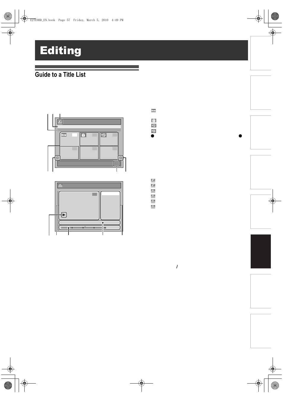 Editing, Guide to a title list | Toshiba RD100 User Manual | Page 57 / 80