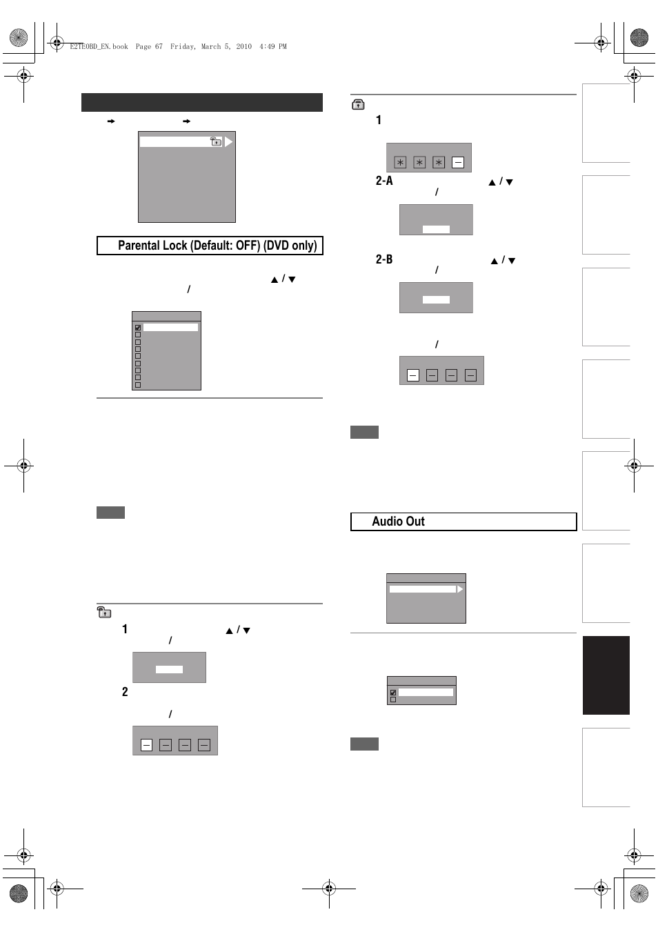 Playback, A parental lock (default: off) (dvd only), B audio out | A password is not yet set 1, A password is already set 1 | Toshiba RD100 User Manual | Page 67 / 80