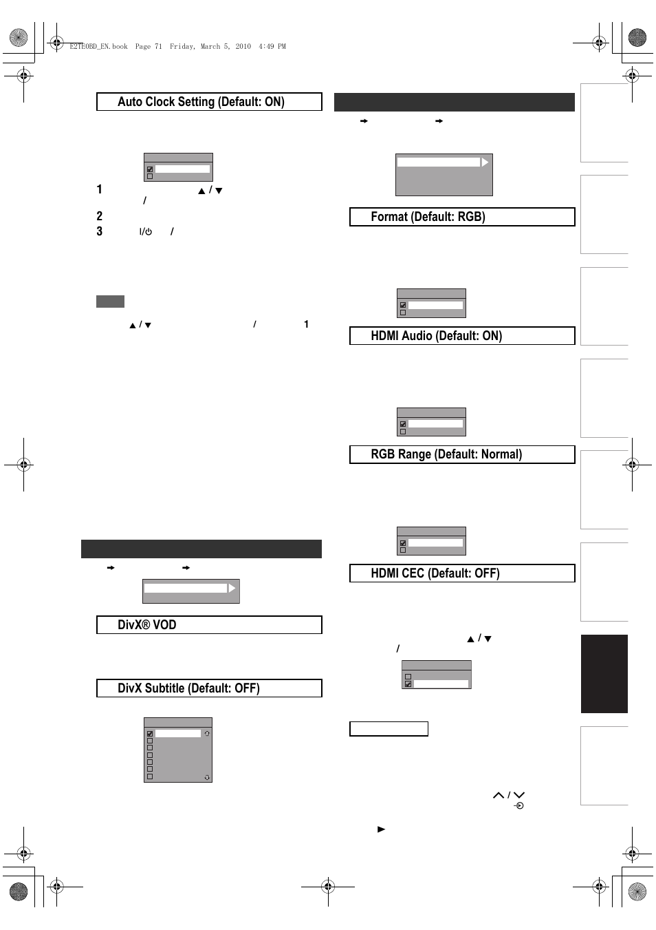 Divx, Hdmi, B auto clock setting (default: on) | A divx® vod b divx subtitle (default: off) | Toshiba RD100 User Manual | Page 71 / 80