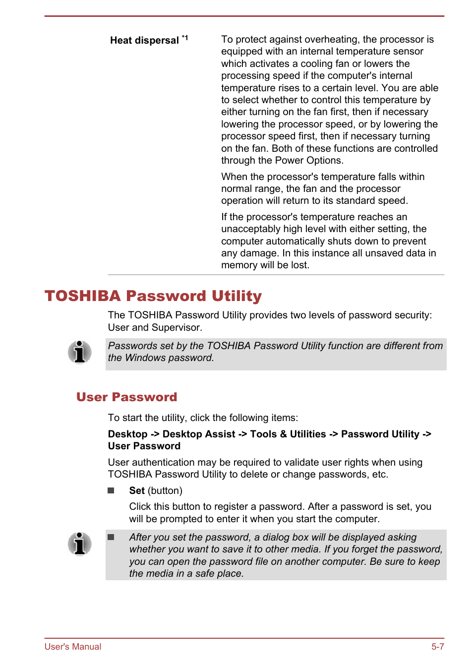 Toshiba password utility, User password, Toshiba password utility -7 | Toshiba Portege R30-A User Manual | Page 102 / 155