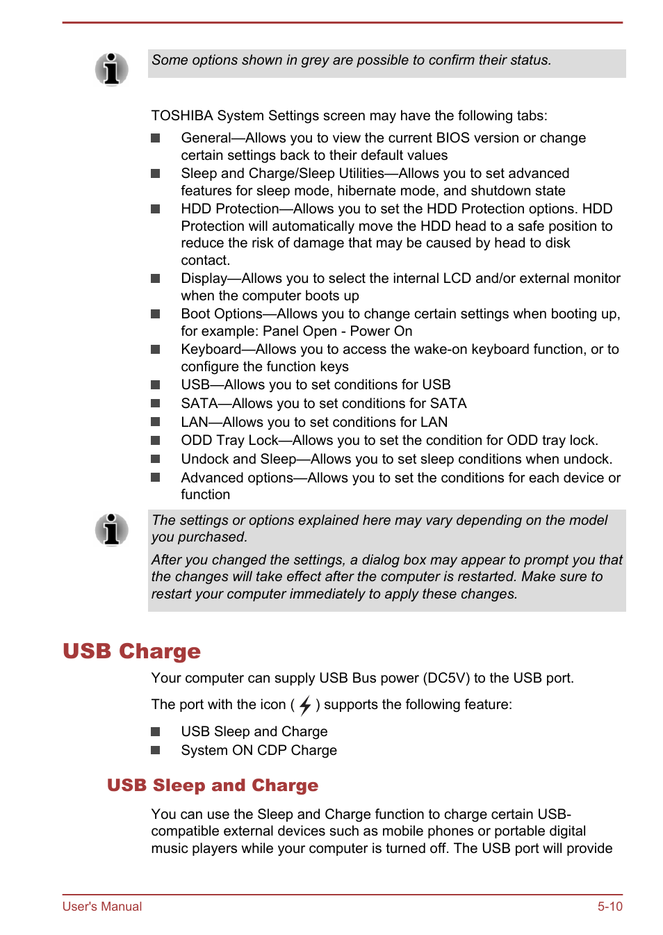 Usb charge, Usb sleep and charge, Usb charge -10 | Toshiba Portege R30-A User Manual | Page 105 / 155