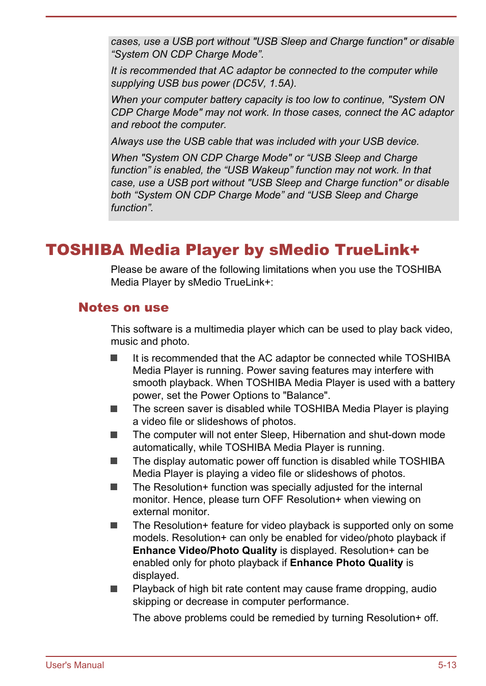 Toshiba media player by smedio truelink, Notes on use, Toshiba media player by smedio truelink+ -13 | Toshiba Portege R30-A User Manual | Page 108 / 155