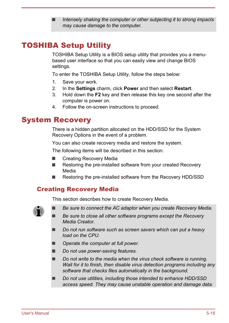 Toshiba setup utility, System recovery, Creating recovery media | Toshiba setup utility -18 system recovery -18 | Toshiba Portege R30-A User Manual | Page 113 / 155